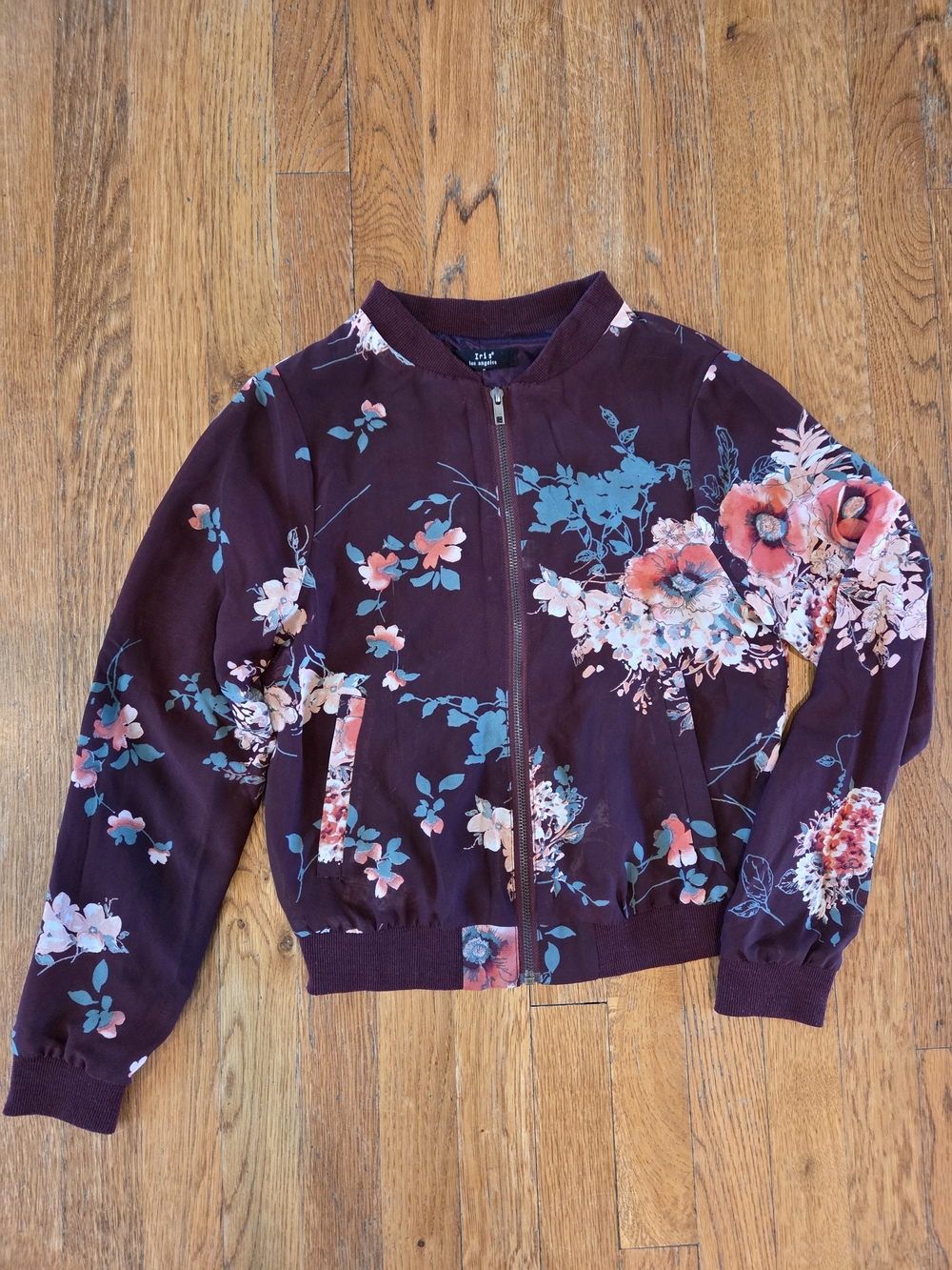 Iris Los Angeles Floral Satin Bomber Jacket Lined Burgundy Size S
